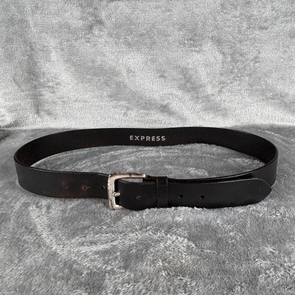 Express Vintage Black Genuine Leather Belt Silver Square Buckle Distressed L